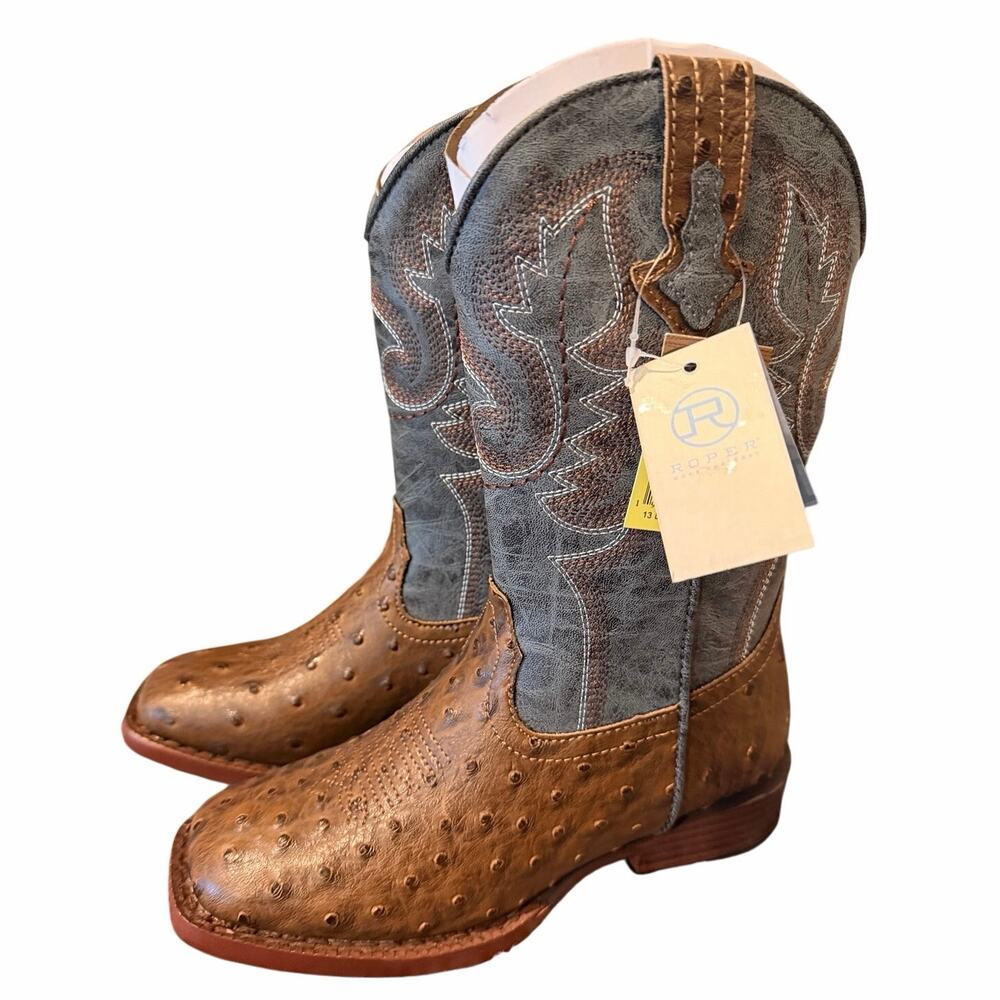 NWT Roper Bumps Ostrich Print Square Toe Pull On Cowboy Boots Youth Boys Size 13